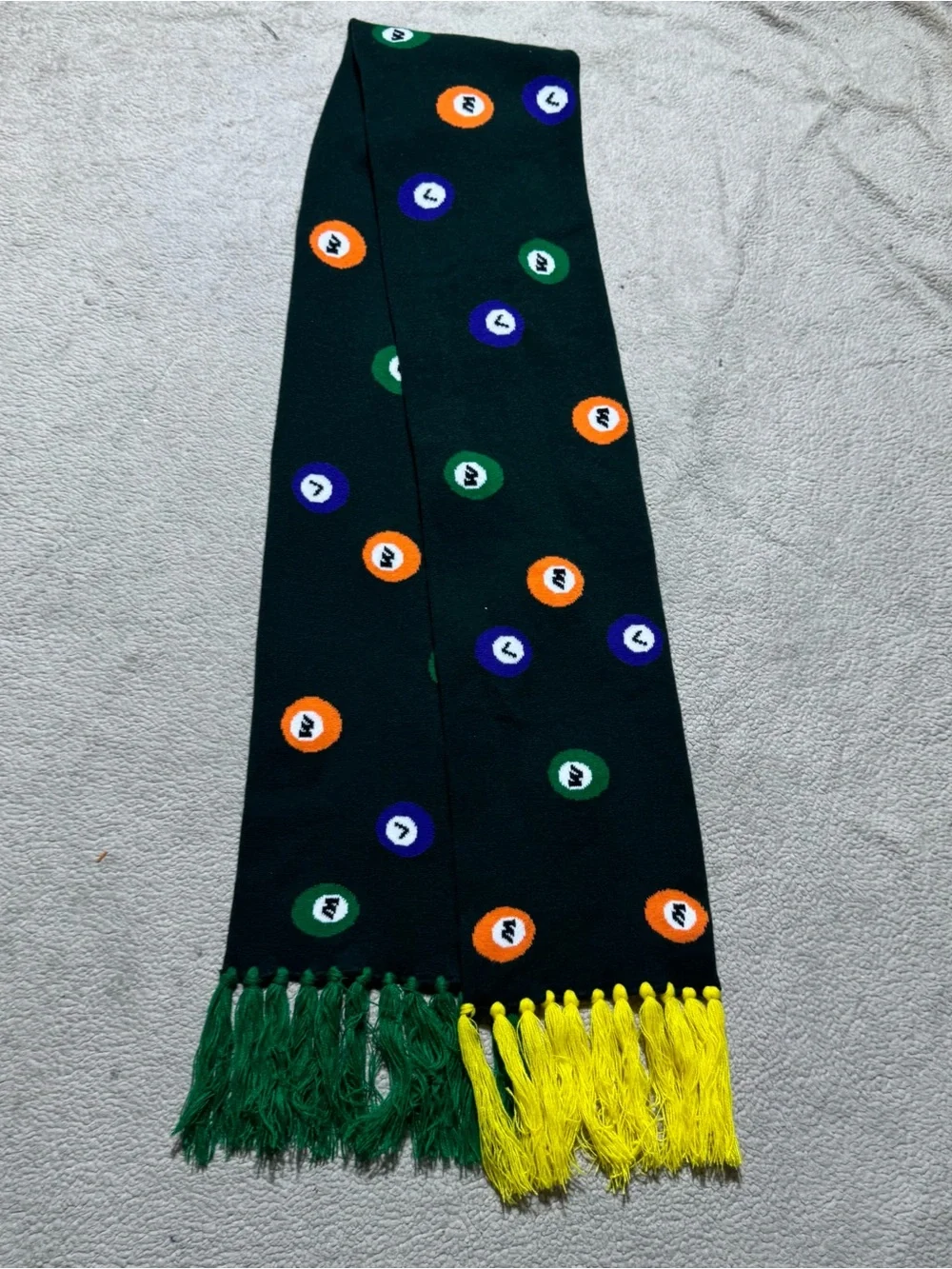 Wish Me Luck Scarf Adult OS All Over Pool Ball Pattern Knit Tassel Fringe Trim